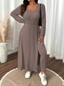 SHEIN LUNE 大码女式纯色毛绒罗纹简约休闲秋冬上衣和修身裤套装 - 粉色 - 查看 8