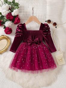 Elladie kids 女婴时尚天鹅绒方领星星亮片网眼芭蕾舞裙 A 字裙，带长袖蝴蝶结，公主派对礼服，适合春秋、冬季、新年、圣诞节 - 酒紅色 - 查看 5
