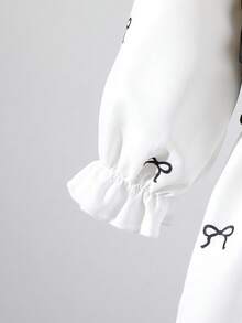 Genkimix Kids 2 件套幼儿女童时尚蝴蝶结刺绣背心 + 蝴蝶结印花长袖衬衫裙，适合日常、休闲、学校、春秋季 - 黑與白 - 查看 3