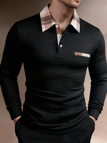 Calvornis Men's Casual Everyday Plaid Patchwork Long Sleeve Polo Shirt, Autumn Polo Shirt For Men - Black - View 1