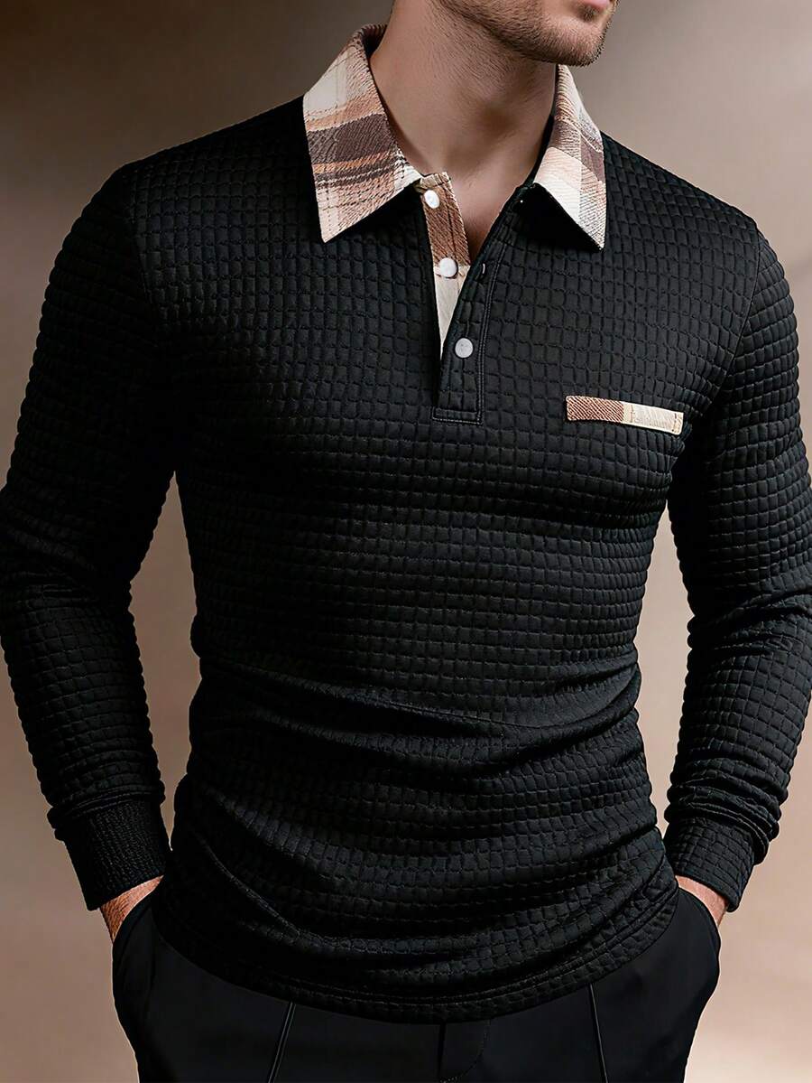 Calvornis Men's Casual Everyday Plaid Patchwork Long Sleeve Polo Shirt, Autumn Polo Shirt For Men - Black - View 1