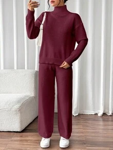 SHEIN LUNE 女式纯色高领落肩长袖毛衣和针织裤休闲两件套，秋冬 - 酒紅色 - 查看 3