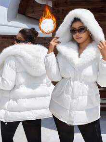 SHEIN EZwear 大码女式厚棉大衣，毛领收腰，长款，优雅大方，秋冬 - 白色 - 查看 1