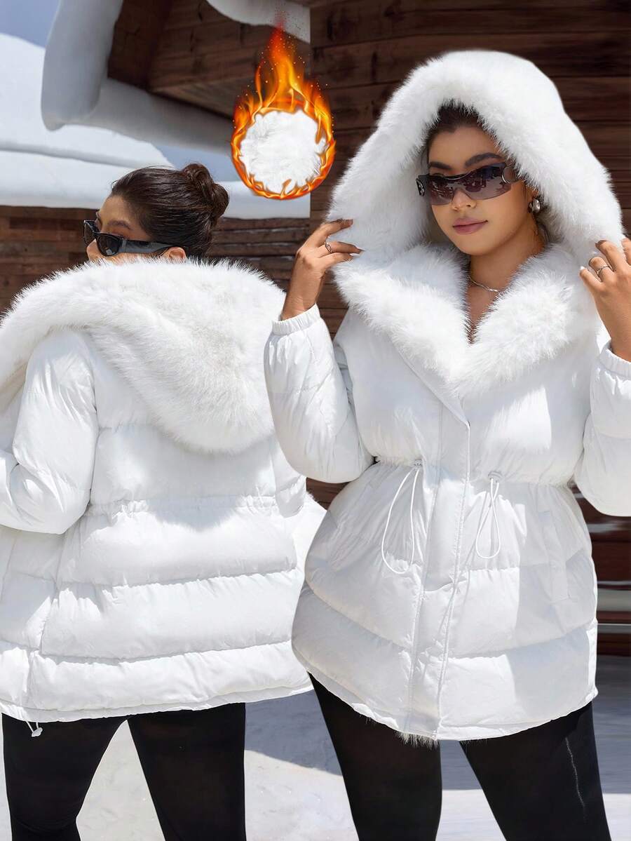 SHEIN EZwear 大码女式厚棉大衣，毛领收腰，长款，优雅大方，秋冬 - 白色 - 查看 1