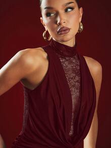 Hauture Sexy Party Dark Romantic High Neck Lace Cowl Plunge Mini Dress - Burgundy - View 2