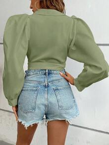 SHEIN LUNE 泡泡袖结饰侧裹式女式衬衫 - 綠色 - 查看 2