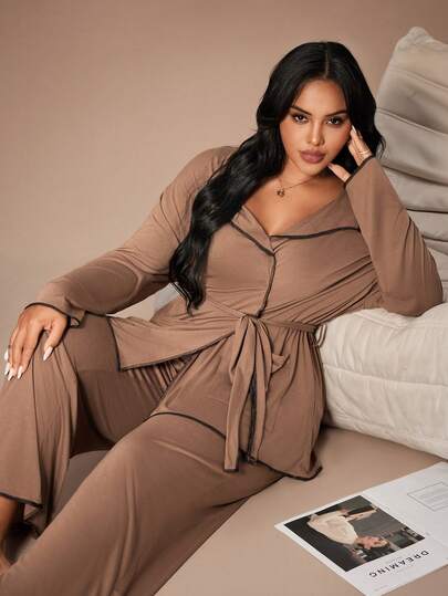 Lazeform Plus Size V-Neck Belted Long Sleeve Straight Leg Pajama Set For Women Plus Size Lounge Set Brown Pajama Set 2 Pieces Lounge Sets Woman Woman 2 Pieces Set Plus Size 2 Pieces Set, Fall & Winter Clothes