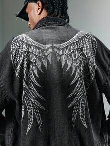 ROMWE MEN Street Life Chaqueta de mezclilla de estilo callejero con hombros caídos, manga larga y corte holgado para hombres