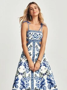 CAJUNI Women's Floral Print Hollow Out Waist Vacation Slip Dress