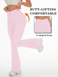 Easithlete Women V Shaped  Yoga Legging Flare Leg For Women High Waisted Bootcut Yoga Pants Wide Leg Yoga Pants Stretchy Work Pant For Workout Athletic Running Cycling Yoga Pickleball Exercize Casual Fleece Fabric Workout Tights - Baby Pink - View 4