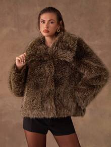 SHEIN BAE Women's Elegant Faux Fur Coat In Shades Of Brown,Winter Oversized Warm Outerwear For Night Out,Parties And Travel,Solid-Color Long-Sleeve Style - Coffee Brown - View 3