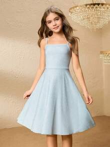 青少年女孩优雅简约优雅时尚无袖高腰短款纯色银线面料闪亮女孩连衣裙，青少年女孩表演服 - 藍色 - 查看 1