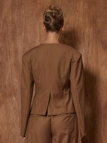 MUSERA Low V-Neck Structured Padded Shoulder Cinched Waist Blazer Only Cute Date Night Going Out Autumn Fall Night Out Work Clean Cut Winter Party Spring - Chocolate Brown - View 5