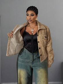 Maweii Áo khoác ngắn đơn hàng thường ngày cỡ lớn dành cho nữ, thiết kế thanh lịch - Màu be - Xem 5