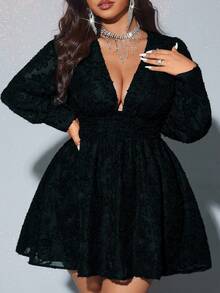Viva Relle Star Print V-Neck Black & White Fitted Waist Casual Elegant Long Sleeve Slim Plus Size Mini Dress, Suitable For Party - Navy Blue - View 1