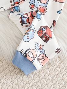 Cozy Pixies Baby Boy Snug Fit Pajama Set, Cartoon Farm Animal Print Soft Knit Crew Neck Long Sleeve Top And Elastic Waist Long Pants - Teal Blue - View 6