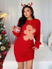 SHEIN LUNE Women's Cute Bow Romantic Sweater Dress Christmas - Burgundy - View 3