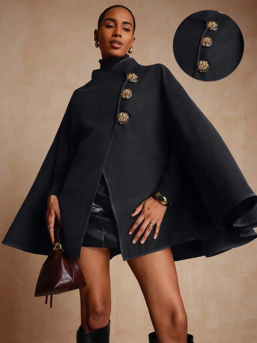 Vesra Women's Decorative Button Closure Poncho Coat (Uniform Cutting Direction For Bulk Production Metal Buckle Button Ups