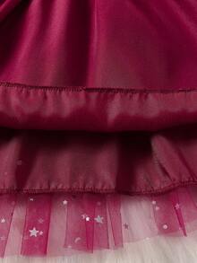 Elladie kids 女婴时尚天鹅绒方领星星亮片网眼芭蕾舞裙 A 字裙，带长袖蝴蝶结，公主派对礼服，适合春秋、冬季、新年、圣诞节 - 酒紅色 - 查看 6