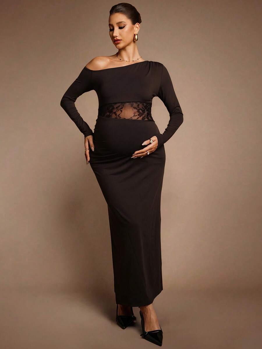 MaterniChic Gravidklänning med sneda axlar och långärmad spets och lapptäcke i midjan, åtsittande och elegant - Brun - Visa 1