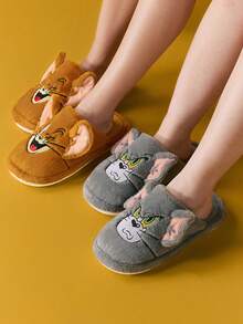 TOM & JERRY X SHEIN Dép đi trong nhà chống trượt họa tiết hoạt hình thêu 3D thời trang cho bé gái, chất liệu vải nhung mềm mại, ấm áp, đế bền, phòng ngủ, phòng máy lạnh, mùa xuân thu, dành cho cả nam và nữ, cặp đôi, mèo - Xám - Xem 6