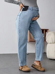 SHEIN Maternity Fall Autumn Winter Halloween Christmas New Year Thanksgiving Commuting Vacation Y2k Cute Streetwear Birthday Airport Party Old Money Work Casual Everyday Commute Versatile High Waist Cuffed Hem Straight Leg Jeans Thermal Lined Warm Jeans For Women High Waist Light Wash Elastic Denim Pants Cozy Winter Style Blue Jeans