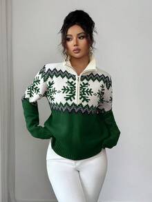 SHEIN Elenzya Sweater Wanita Elegan dengan Resleting Motif Fair Isle dan Blok Warna, Desain Natal, Musim Gugur/Dingin - Hijau - View 6