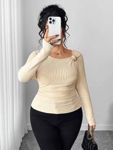 Elenzga Große Größen Neue Damen Schräger Kragen Langarm Gerippter Fleece mit Metallknöpfen an der Taille, Raffung Design, Lässig Vielseitig Elegantes T-Shirt Top, Herbst/Winter - Aprikosenfarben - Übersicht 8