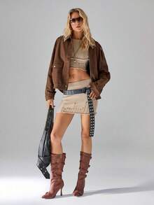 SHEIN TRNDY 1 件女式棕色夹克，休闲拉链前口袋长袖宽松版型，百搭秋冬 - 棕色 - 查看 3