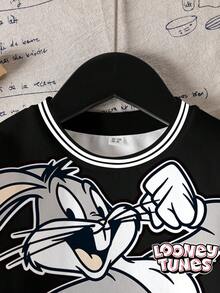 LOONEY TUNES X SHEIN 小男孩秋季休闲兔子印花撞色条纹装饰运动衫 - 白色 - 查看 3