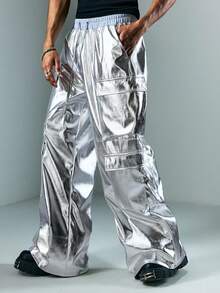 ROMWE MEN Street Life Men's Shiny Silver Elastic Waist Cargo Pocket Wide Leg Casual Sweatpants - Silver - View 4