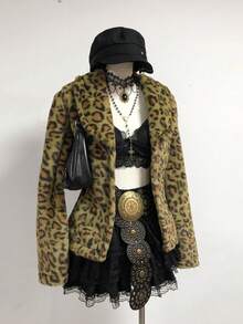 SHEIN Unity Women's New Autumn/Winter Leopard Print Lapel Cardigan Rabbit Fur Coat, Vintage Style - Army Green - View 3