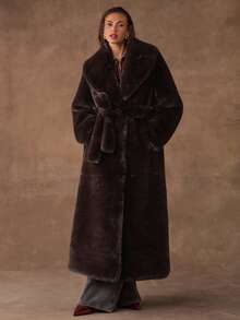 SHEIN BAE 女士时尚仿皮草饰边长款大衣，秋冬 - 黑色 - 查看 6