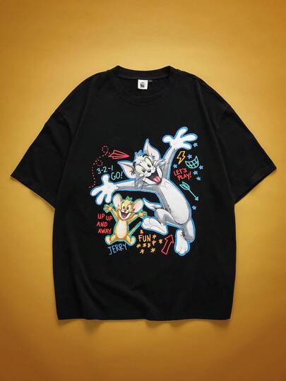 TOM & JERRY X SHEIN Men's Casual Letter & Cartoon Graphic Round Neck Short Sleeve T-Shirt, Summer