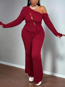 Slaydiva Party Exclusive 2025 New Preppy Style Autumn/Winter New Women's Plus Size Cold-Shoulder Asymmetric Hollow Long Sleeve Top + Bodycon Flare Pants Outfit, Suitable For Party, Outing, Sexy, Date, Bar, Fashion