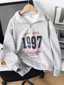 SHEIN 少女休闲简约时尚街头复古学院风宽松灰色英伦印花半拉链套头卫衣，适合秋冬季穿着 - 灰色 - 查看 3