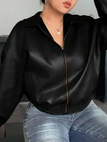 Dazy Plus Spring & Autumn New Vintage Leather Jacket, Short Style, Regular Fit, Plus Size, Suitable For Women Women Coats - Black - View 4