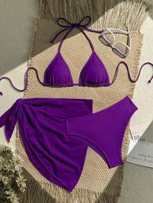 SHEIN Swim 3件套纯色比基尼套装，度假海滩 - 紫色 - 查看 1