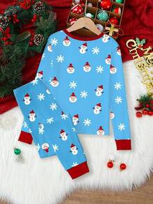 男童圣诞夜光雪人和雪花印花睡衣套装，柔软针织弹力面料长袖上衣和裤子，舒适睡衣 - 藍色 - 查看 2