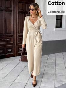 SHEIN Frenchy Bộ đồ liền thân màu trơn thanh lịch dành cho nữ khi đi làm - Màu be - Xem 3