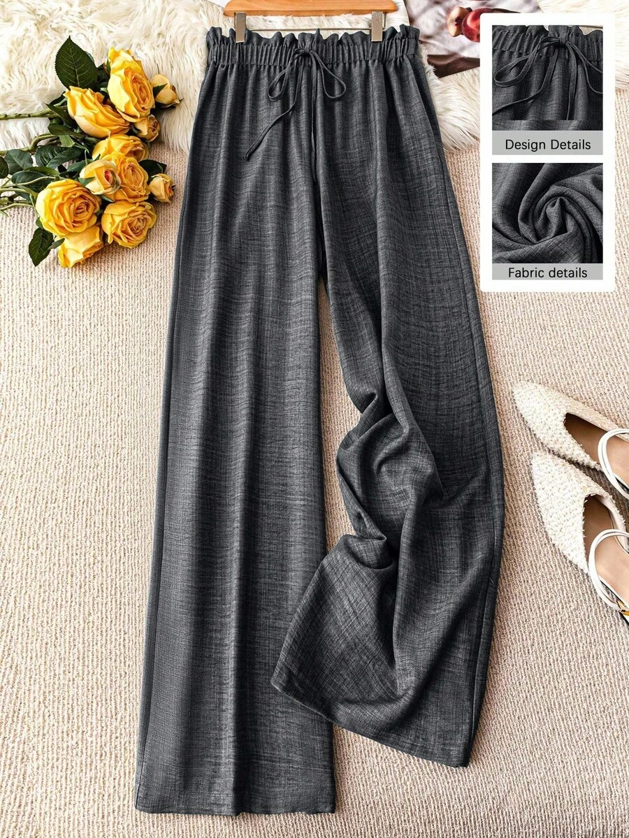 SHEIN DreamScene Plus Size Women's Solid Color Frill Waist Tie Wide Leg Loose Pants - Dark Grey - View 1