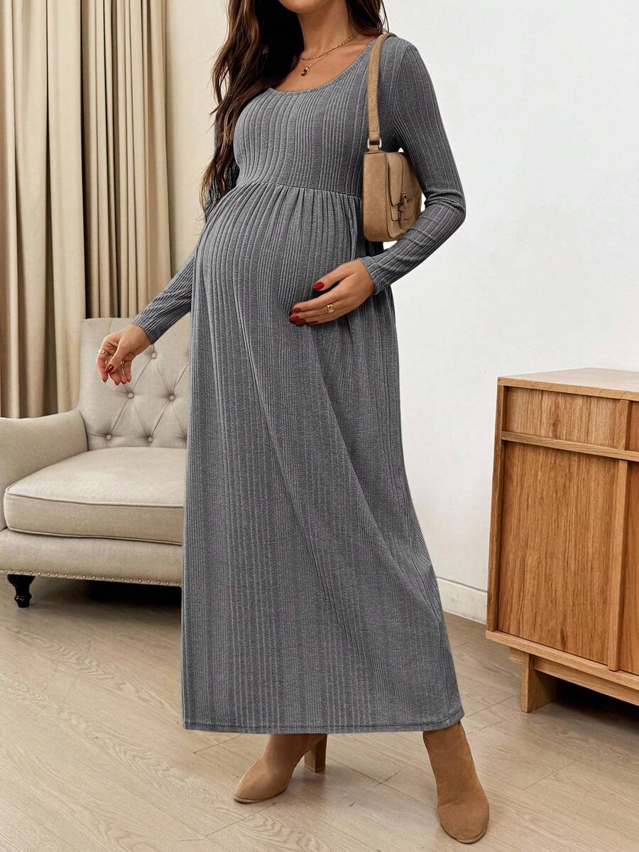 SHEIN Váy bầu màu trơn thường ngày, thích hợp mặc đi làm, mùa thu - Màu xám đen - Xem 1