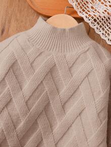 Young Girl Solid Stand Collar Fitted Casual Sweater Dress - Khaki - View 9