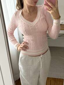 CovetEZ Jersey de punto de cable con ribete a rayas, parte superior para la escuela en otoño/invierno