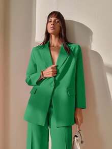 CLARA VERO Blazer With Single Button Closure And Flap Pockets, Paired With Matching High-Waist Trousers, Elegant Two Pieces Suit Set - Green - View 6
