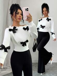 Elenzga Bộ 2 trang phục đi làm thanh lịch: Áo cổ lệch đính nơ và quần ống loe - màu nâu - Xem 1