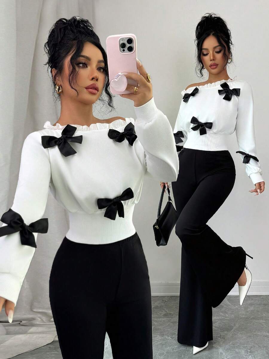 Elenzga Bộ 2 trang phục đi làm thanh lịch: Áo cổ lệch đính nơ và quần ống loe - màu nâu - Xem 1