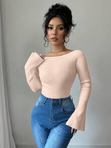 Elenzga 1 件女式露肩喇叭袖修身毛衣 - 杏色 - 查看 6