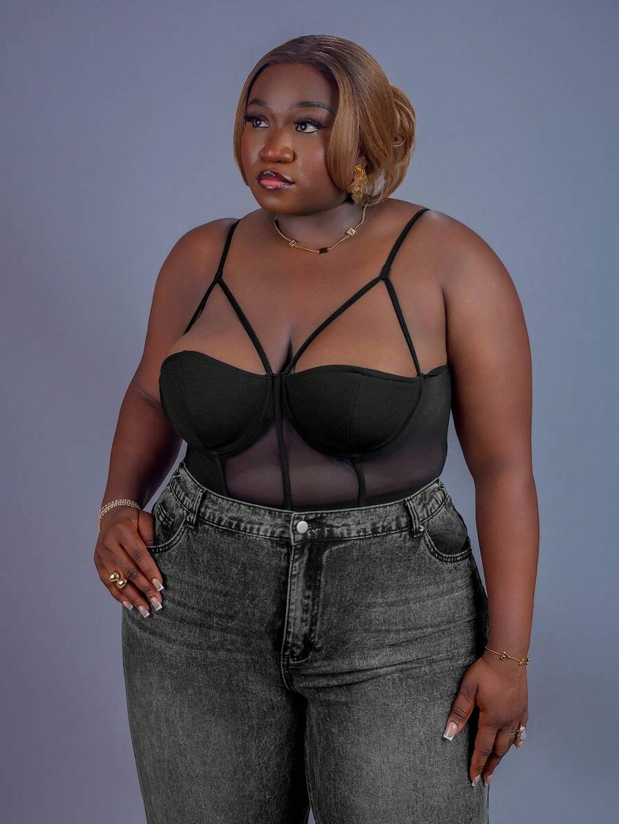 CurvyTilda Plus Size Adjustable Boned Bustier One-Piece Bodysuit, Elegant For Commuting, Workplace, Refined Afternoon Tea, Slightly Sexy For Dates, Concerts, Parties, INS Style, For Hourglass Body Shape, For Summer - Black - View 1