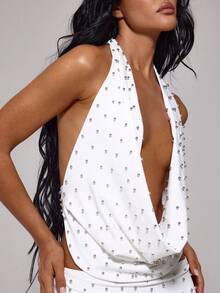 MUSERA 铆钉深V领露背无袖上衣，适合秋季、夜晚外出、优雅性感派对、节日等场合，尽显高端气质。 - 白色 - 查看 2